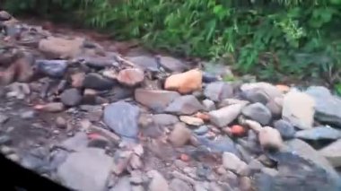 Güneydoğu Asya 'daki Vientiane Vilayeti Laos' un engebeli yollarında tozlu ve yüksek dağ manzarasının en tehlikeli yolundan geçerek.