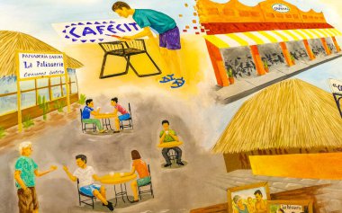 Grafiti ve tablolar Zicatela Puerto Escondido Oaxaca 'nın sokaklarında..