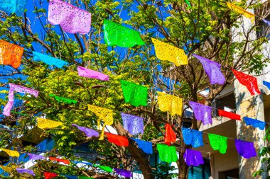 Playa del Carmen Quintana Roo Meksika 'da Meksika kutlamaları ve şenlikli dekorasyonlar.