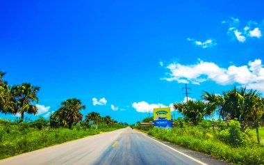 Chiquila Quintana Roo Meksika 11. Temmuz 2024, Quintana Roo Mexico 'daki Lazaro Cardenas' ta Chiquila 'nın orman yolundaki iskelesine giden yol işaretleri ve bilgi panoları..