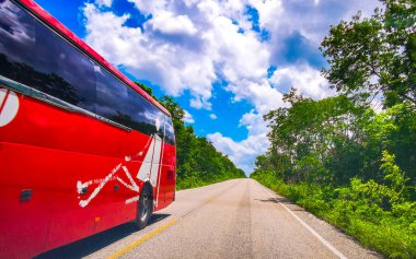 ADO bus drives on the highway in the jungle in Chiquila Lazaro Cardenas in Quintana Roo Mexico. clipart