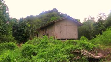 Güneydoğu Asya 'daki Ao Nang Amphoe Mueang Krabi Tayland' daki doğal tropikal orman beldesinde ahşap bambu kulübeleri..