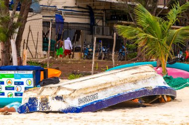 Playa del Carmen Quintana Roo Mexico 'daki tropikal ormandaki renkli tekneler.