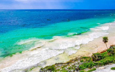 Playa Santa Fe tropik cennet plaj manzarası beyaz kum turkuaz mavi su ve Tulum Quintana Roo Meksika 'da yeşil palmiye ağaçları.