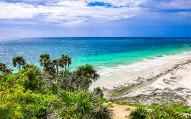 Playa Santa Fe tropik cennet plaj manzarası beyaz kum turkuaz mavi su ve Tulum Quintana Roo Meksika 'da yeşil palmiye ağaçları.