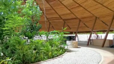 Tavanında açık bir daire ve Tulum Quintana Roo Mexico 'da gökyüzü manzaralı ahşap bir bina..