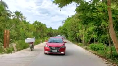 Tulum Quintana Roo Mexico 20. Ağustos 2024 Yolu ve hareket halindeki arabalar Tulum Quintana Roo Mexico 'da tropikal ormanlarda.
