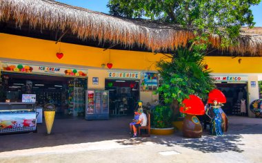 Tulum Quintana Roo Meksika 03. Temmuz 2024 Palmiye ağaçlarıyla dolu tipik renkli cadde ve şehir manzarası Meksika 'da Tulum' un barları ve restoranları.