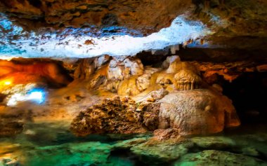 Güzel Cenote Park Yaxmulito ile kireçtaşı kayaları turkuaz mavi yeşil su ve Tulum Quintana Roo Meksika 'daki yeraltı doğa ormanı..