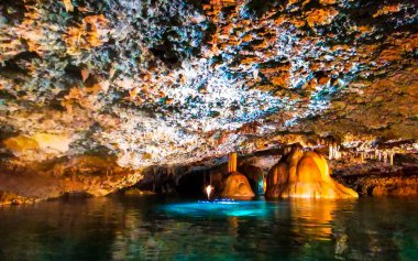 Güzel Cenote Park Yaxmulito ile kireçtaşı kayaları turkuaz mavi yeşil su ve Tulum Quintana Roo Meksika 'daki yeraltı doğa ormanı..