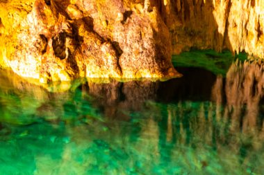 Güzel Cenote Park Yaxmulito ile kireçtaşı kayaları turkuaz mavi yeşil su ve Tulum Quintana Roo Meksika 'daki yeraltı doğa ormanı..