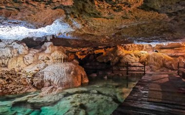 Güzel Cenote Park Yaxmulito ile kireçtaşı kayaları turkuaz mavi yeşil su ve Tulum Quintana Roo Meksika 'daki yeraltı doğa ormanı..