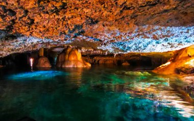 Güzel Cenote Park Yaxmulito ile kireçtaşı kayaları turkuaz mavi yeşil su ve Tulum Quintana Roo Meksika 'daki yeraltı doğa ormanı..