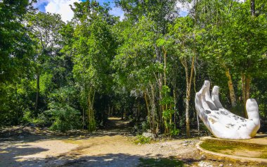 Beyaz elli heykel heykeli Tulum Quintana Roo Mexico 'daki Cenote Yaxmuul yakınlarındaki tropikal ormanda inşa ediliyor..