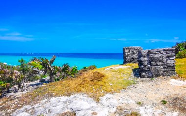 Antik Tulum 'daki doğal deniz manzarası ve sahil manzarası Tulum Meksika' daki tropik doğal orman palmiyesinde rüzgarın tapınağıyla Maya bölgesini harabeye çevirir..