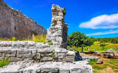 Tulum Quintana Roo Mexico 20. Ekim 2023 'te Antik Tulum, Tulum Meksika' daki tropik doğal orman palmiyeleri manzarasında tapınak kalıntıları ve eserlerle Maya bölgesini harap etti..