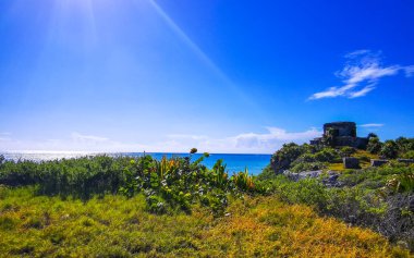 Antik Tulum 'daki doğal deniz manzarası ve sahil manzarası Tulum Meksika' daki tropik doğal orman palmiyesinde rüzgarın tapınağıyla Maya bölgesini harabeye çevirir..