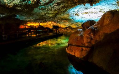 Güzel Cenote Park Yaxmulito ile kireçtaşı kayaları turkuaz mavi yeşil su ve Tulum Quintana Roo Meksika 'daki yeraltı doğa ormanı..
