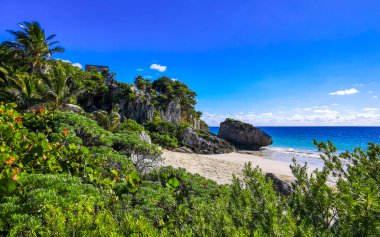 Antik Tulum 'daki doğal deniz manzaralı kayalar, Tulum' daki tropikal doğal orman palmiyesinde tapınak kalıntıları ve sanat eserleriyle Maya bölgesini harabeye çevirir..