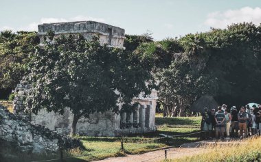 Tulum Quintana Roo Mexico 20. Kasım 2023 Antik Tulum, Tulum Meksika 'daki tropik doğal orman palmiyeleri manzarasında tapınak kalıntıları ve eserlerle Maya bölgesini harap etti..