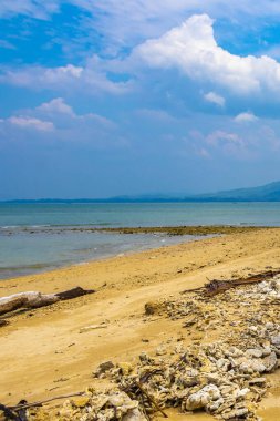 Pakarang Burnu tropik cennet plaj denizi ve kıyısı ölü mercanlar midye ve deniz kabukları Khao Lak Amphoe Takua Pa Phang Nga Tayland, Güneydoğu Asya.