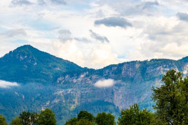 Dağ manzarası dağları yeşil tarlalar orman bulutları ve mavi gökyüzü Alpler Vorarlberg Avusturya.