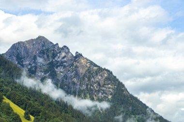 Dağ manzarası dağları yeşil tarlalar orman bulutları ve mavi gökyüzü Alpler Vorarlberg Avusturya.