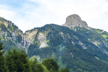 Dağ manzarası dağları yeşil tarlalar orman bulutları ve mavi gökyüzü Alpler Vorarlberg Avusturya.
