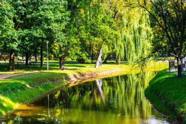 Brest Brest Bölgesi Belarus 20. Eylül 2020 Brest City Park yeşil doğa sanat ve peyzaj Leninskiy Rayon Brest Brest İlçe Brest Bölgesi Belarus güzel bir nehir gölü gölet.