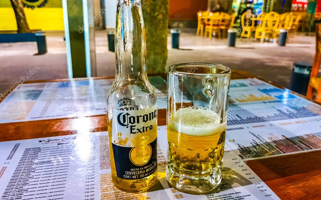 Centro Historico Mexico City Mexico 11. February 2021 Corona Beer Beers and Lime in a Bar Restaurant in Centro Historico Mexico City Mexico.