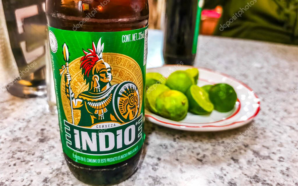Centro Historico Mexico City Mexico 14. February 2021 Mexican Beer Beers Indio in a Bar Restaurant in Centro Historico Mexico City Mexico.