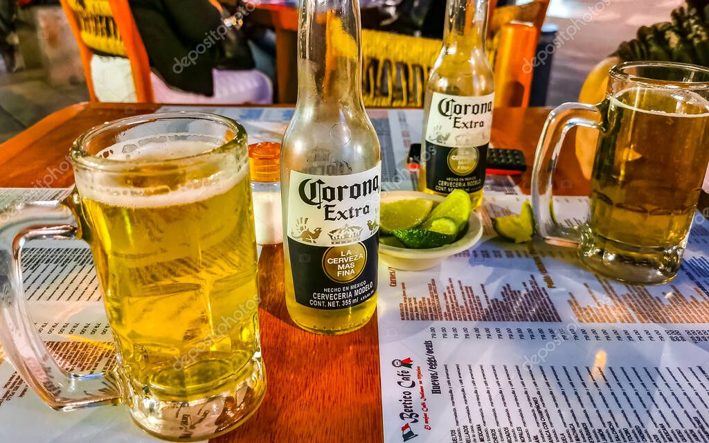 Centro Historico Mexico City Mexico 14. February 2021 Corona Beer Beers and Lime in a Bar Restaurant in Centro Historico Mexico City Mexico.