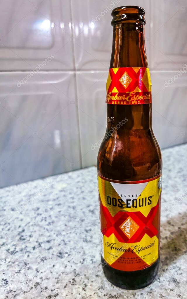 Centro Historico Mexico City Mexico 14. February 2021 Mexican Beer Beers Dos XX Equis in a Bar Restaurant in Centro Historico Mexico City Mexico.