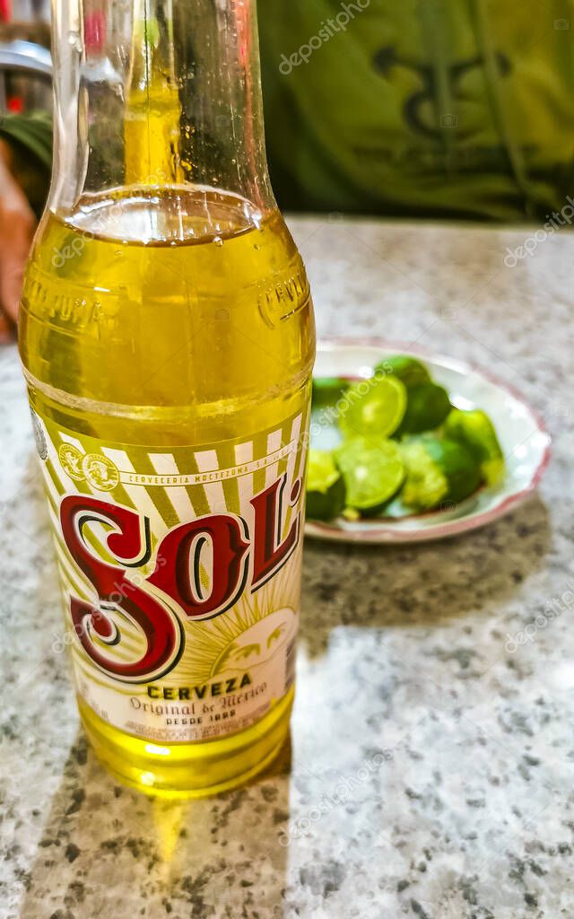 Centro Historico Mexico City Mexico 16. February 2021 Mexican Beer Beers Sol in a Bar Restaurant in Centro Historico Mexico City Mexico.