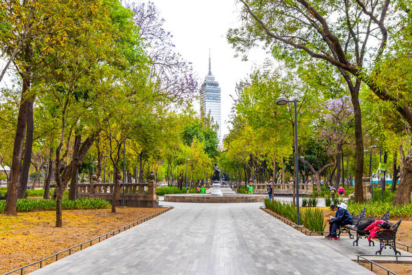 Centro Historico Mexico City Mexico 10. February 2021 Alameda Central Park with marble floor walkways Footpath Footpaths in Centro Historico Mexico City Mexico.