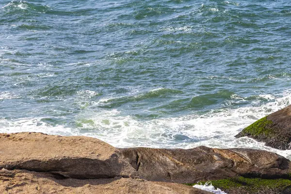 Rio de Janeiro Eyaleti Rio de Janeiro Brezilya 'da, Urca Red Beach Tropikal Cenneti Mavi Turkuaz Su Dalgaları Palmiye Ağaçları Kayalık Tepeler Kayalık Tepeler Sahil Kumu ve Beyaz Sahil Kumu.