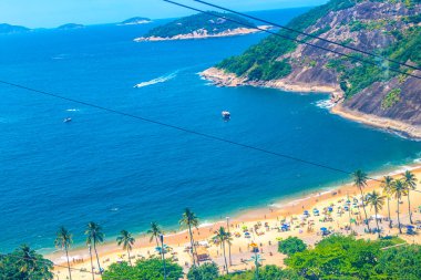 Rio de Janeiro Eyaleti Rio de Janeiro Brezilya 12. Ekim 2020 Urca Red Beach Tropikal Cenneti Mavi Turkuaz Su Palmiye Tepesi Kayalıkları ve Brezilya 'da Birçok Turist.