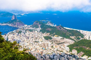 Rio de Janeiro Panorama City Skyline Plaj Sahili Dağları Tropikal Orman ve Mavi Bulutlu Gökyüzü Rio de Janeiro Brezilya.