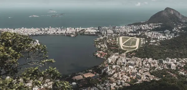 Rio de Janeiro Panorama City Skyline Plaj Sahili Dağları Tropikal Orman ve Mavi Bulutlu Gökyüzü Rio de Janeiro Brezilya.