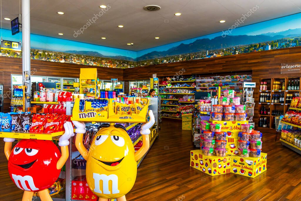 Alps Vorarlberg Austria 12. July 2019 Inside in the filling gas oil station shop store of Oberscheider Car World in the Alps Vorarlberg Austria.