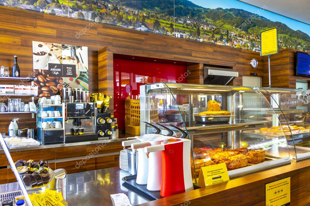 Alps Vorarlberg Austria 12. July 2019 Inside in the filling gas oil station shop store of Oberscheider Car World in the Alps Vorarlberg Austria.