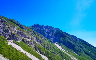 Dağ ve Alp tepeleri manzara dağları ve kayalar yeşil tarlalar ormanlar köknar ağaçları doğa ve mavi gökyüzü Alp Imst Tyrol Avusturya.