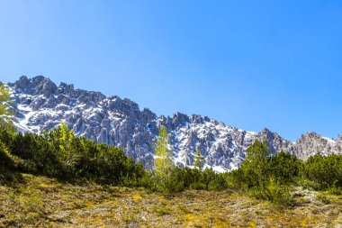 Dağ ve dağlık arazi dağları Alpler 'de kar, doğa ve mavi gökyüzü ile kayalar ve tepeler Tyrol Avusturya.