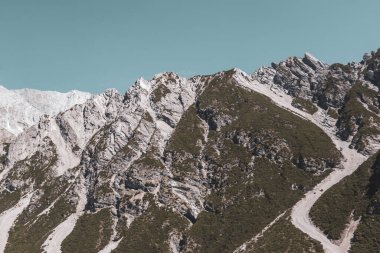 Dağ ve Alp tepeleri manzara dağları ve kayalar yeşil tarlalar ormanlar köknar ağaçları doğa ve mavi gökyüzü Alp Imst Tyrol Avusturya.