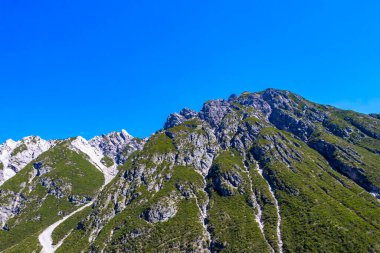 Dağ ve Alp tepeleri manzara dağları ve kayalar yeşil tarlalar ormanlar köknar ağaçları doğa ve mavi gökyüzü Alp Imst Tyrol Avusturya.