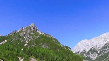 Dağ ve Alp tepeleri manzara dağları ve kayalar yeşil tarlalar ormanlar köknar ağaçları doğa ve mavi gökyüzü Alp Imst Tyrol Avusturya.