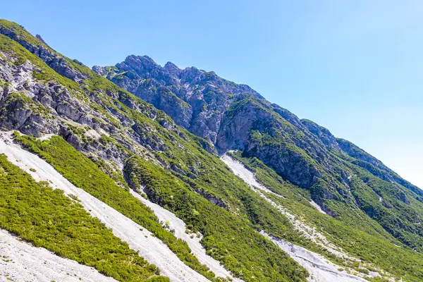 Yaz mevsiminde dağların zirvesinden düşen tehlikeli kayalar ve taş çığ Alplerdeki mavi gökyüzü Tyrol Avusturya.