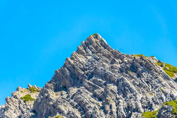 Dağ ve Alp Tepesi manzara dağları ve kayalar yeşil tarlaları olan manzaralar daha az orman ve köknar ağaçları Alpler Imst Tyrol Avusturya 'da kayalık doğa ve mavi gökyüzü.