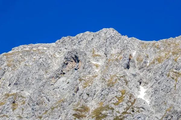 Dağ ve Alp Tepesi manzara dağları ve kayalar yeşil tarlaları olan manzaralar daha az orman ve köknar ağaçları Alpler Imst Tyrol Avusturya 'da kayalık doğa ve mavi gökyüzü.