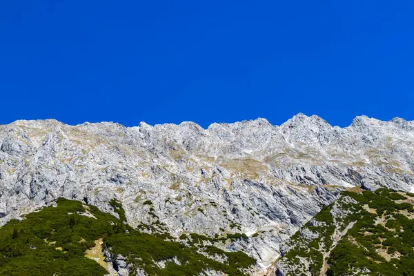 Dağ ve Alp Tepesi manzara dağları ve kayalar yeşil tarlaları olan manzaralar daha az orman ve köknar ağaçları Alpler Imst Tyrol Avusturya 'da kayalık doğa ve mavi gökyüzü.